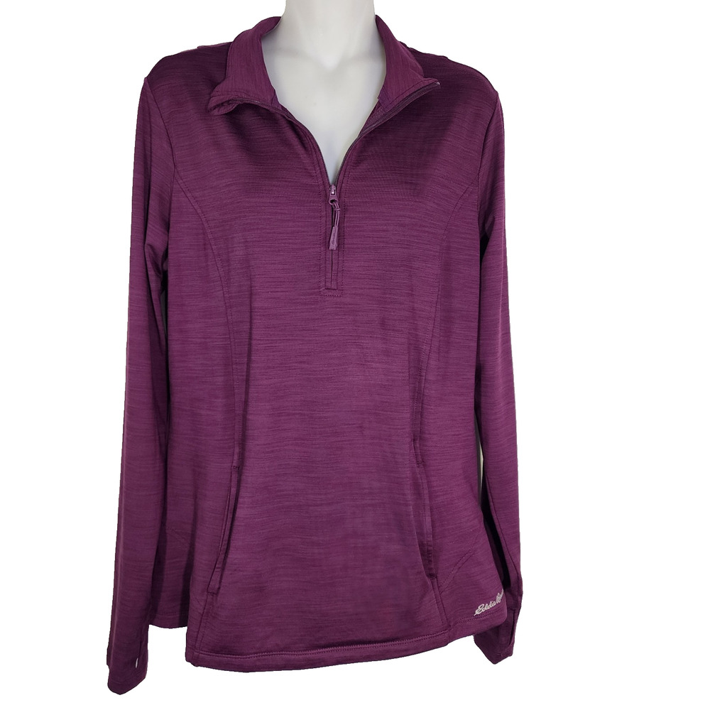 Eddie Bauer Womens Pullover Top Size Medium Plum 1/4 Zip Performance Thumb Holes